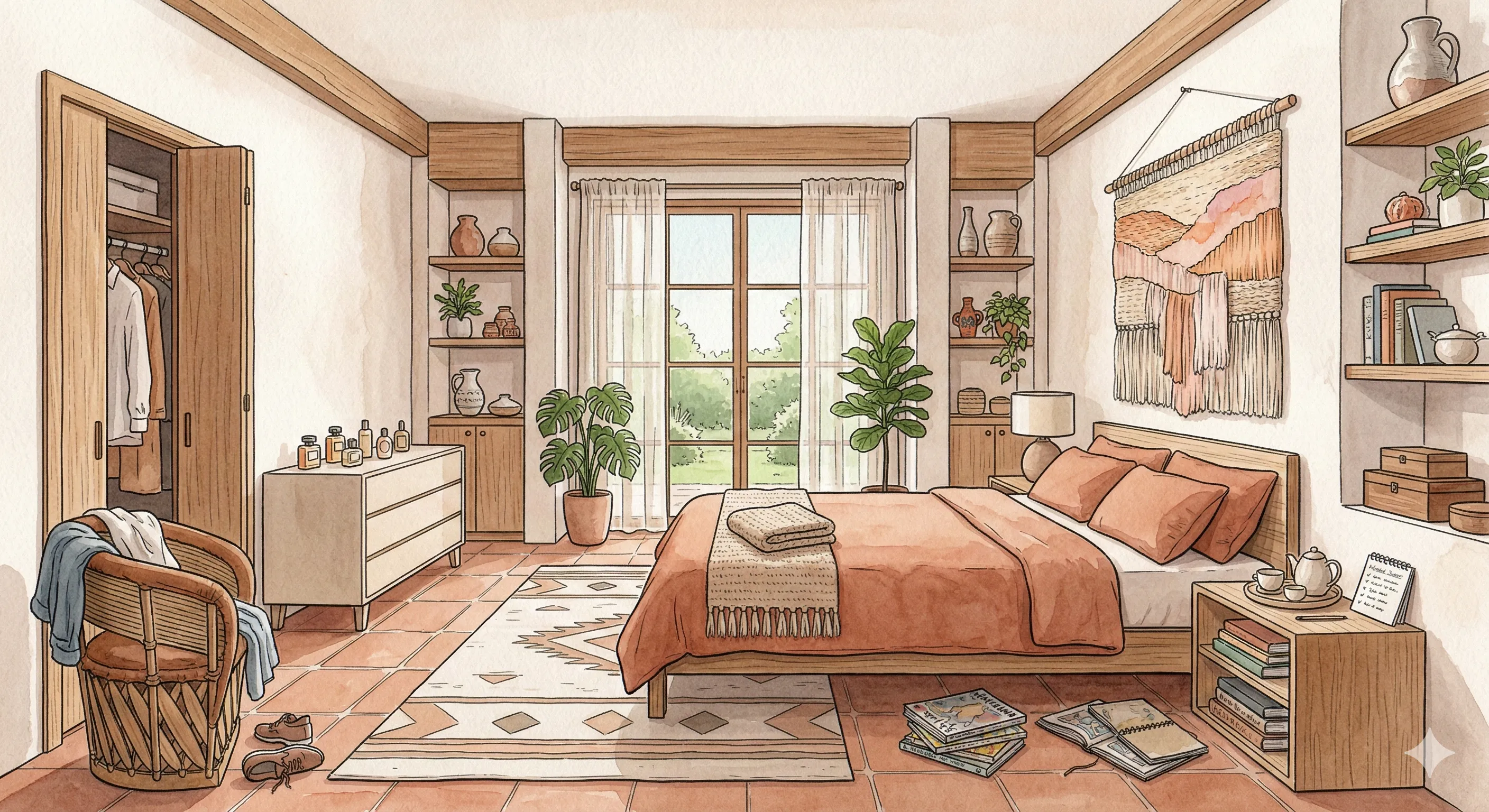Recámara ilustrada en acuarela: cobija durazno, libros junto a la cama y luz de mañana.