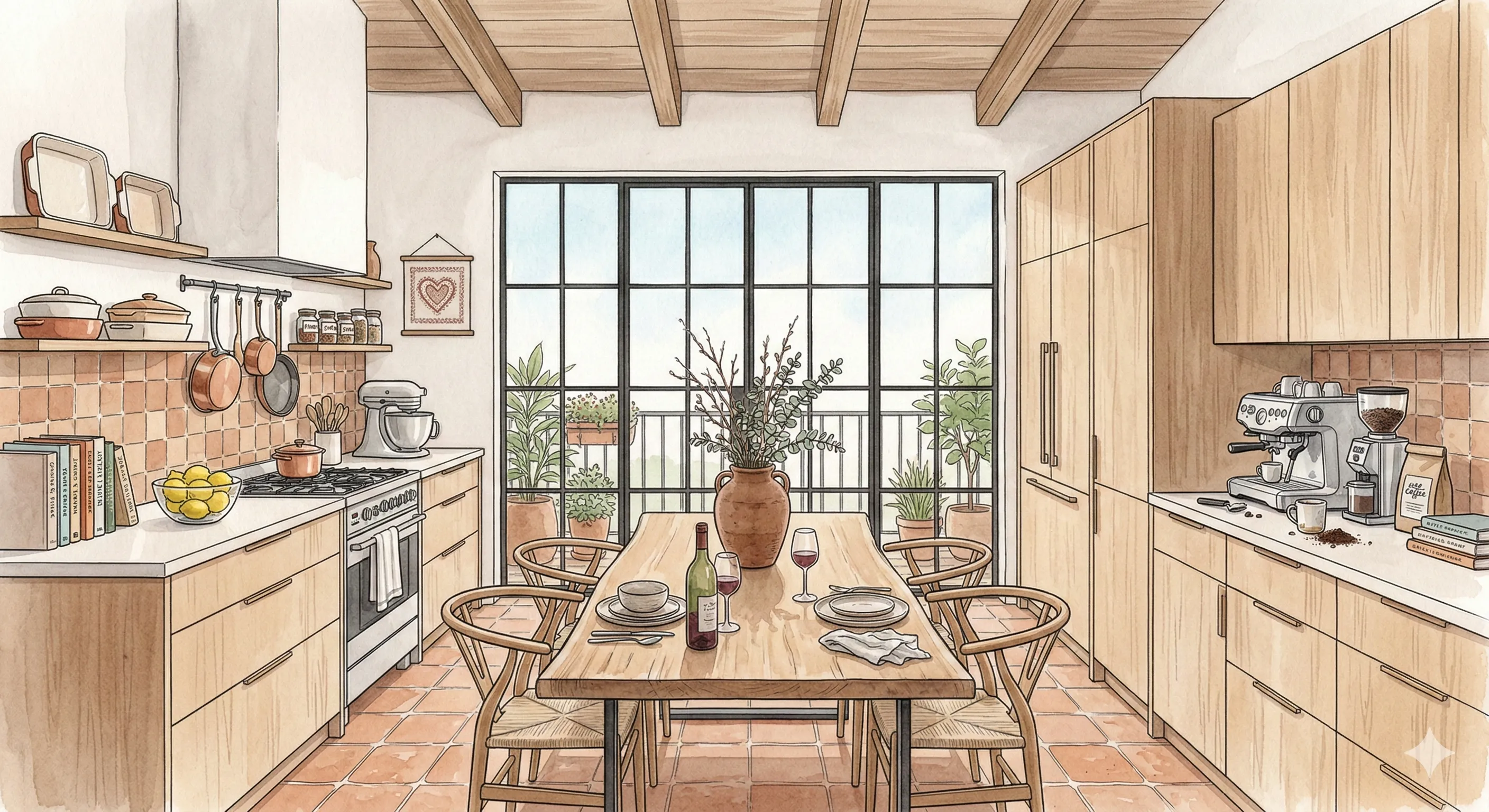 Cocina ilustrada en acuarela, con mesa de madera puesta para dos.